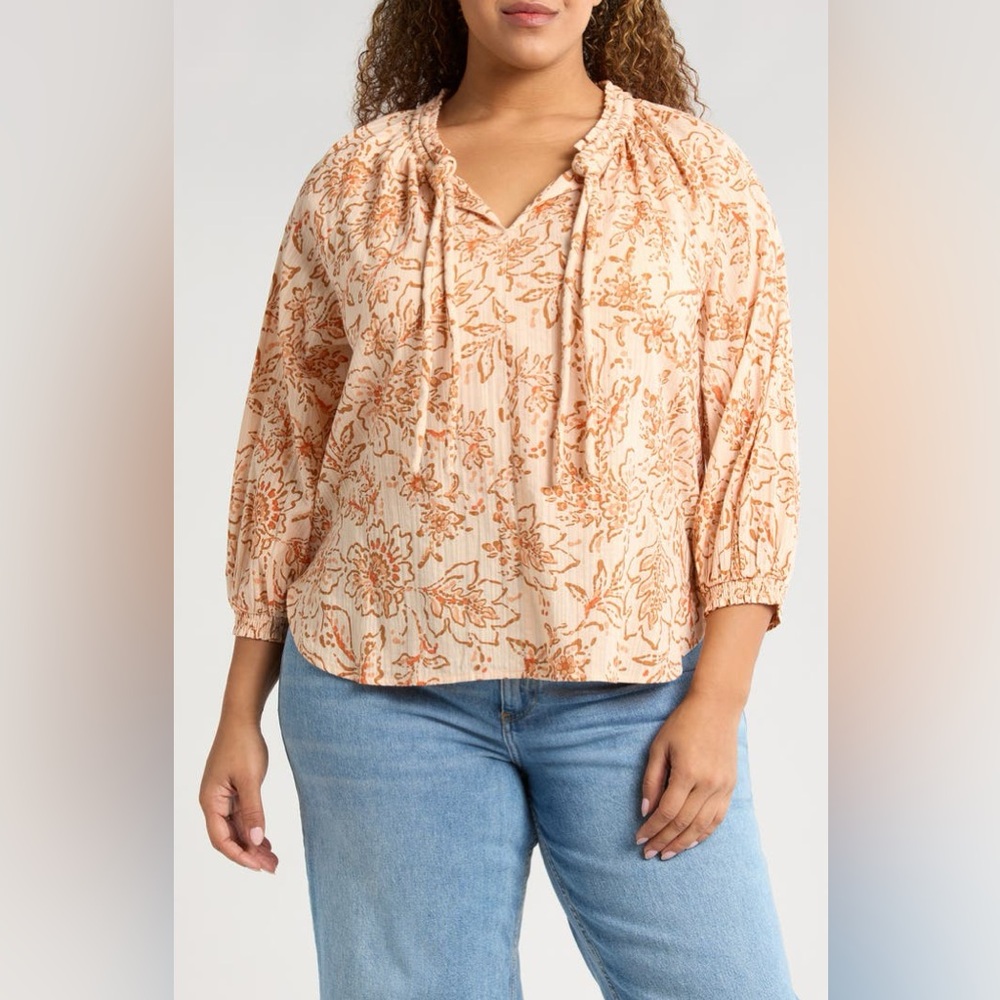 Wit & Wisdom peach pie floral cotton peasant top size XL
